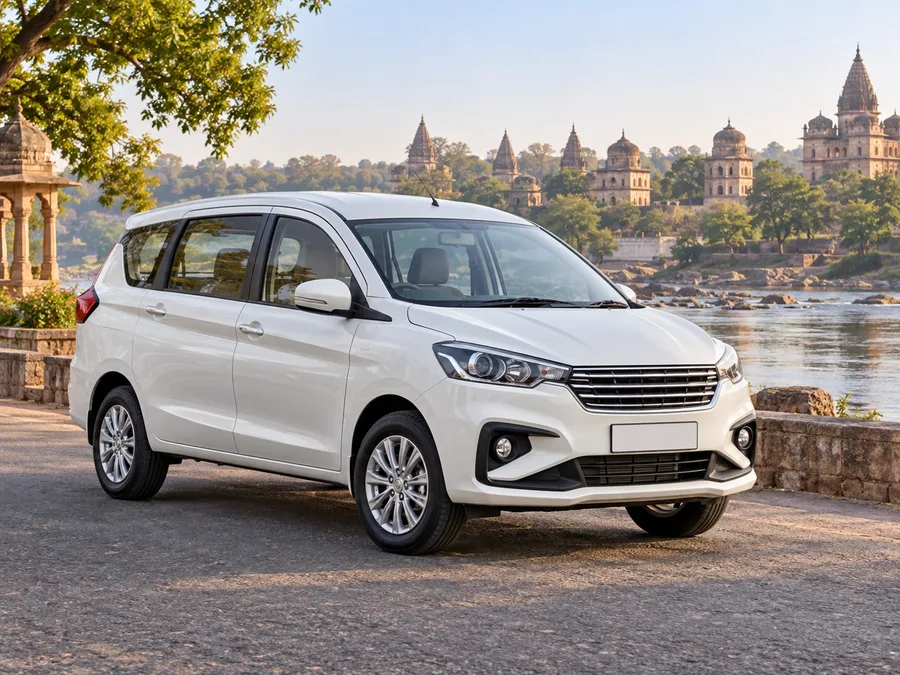 Representative Maruti Ertiga-style car beside a scenic riverside