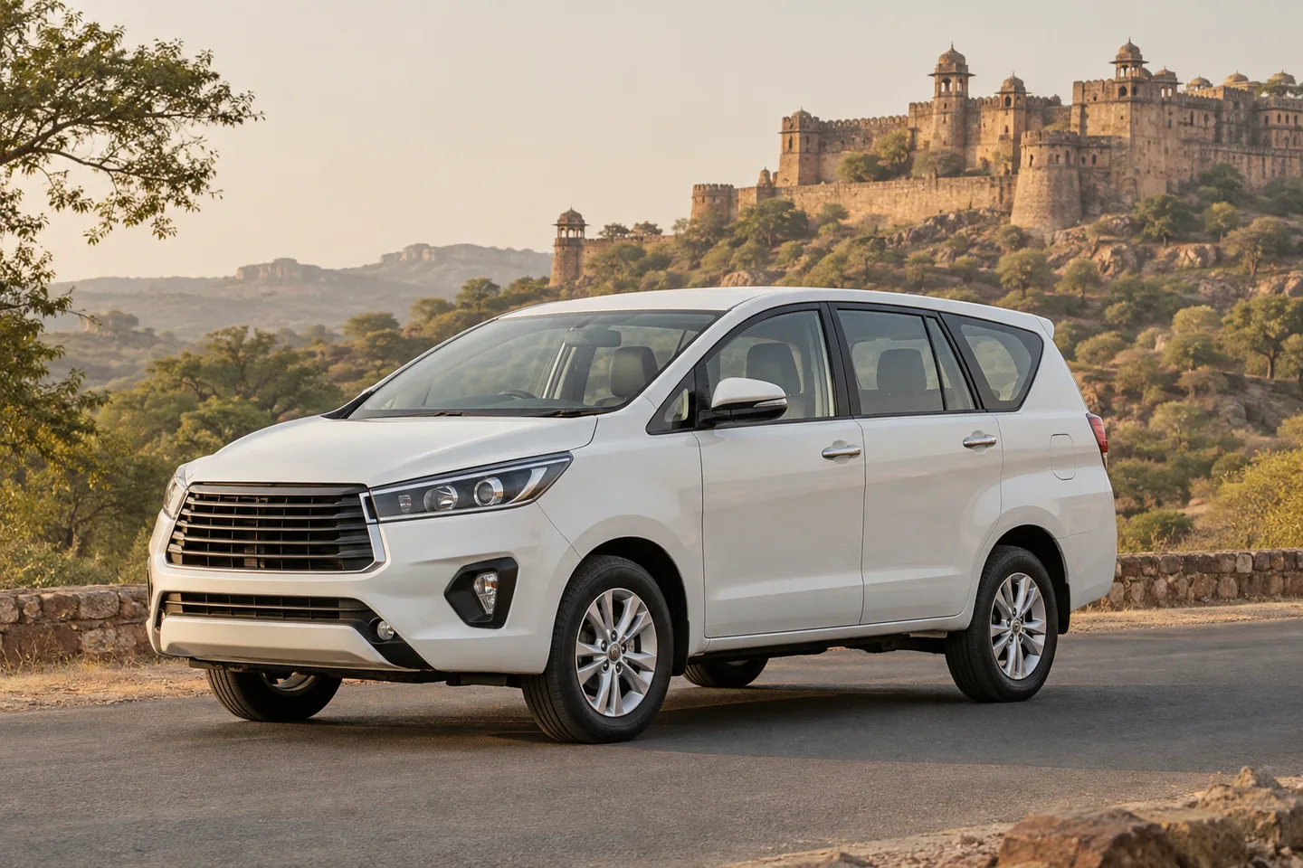 Representative white taxi car near heritage scenery in Jhansi region