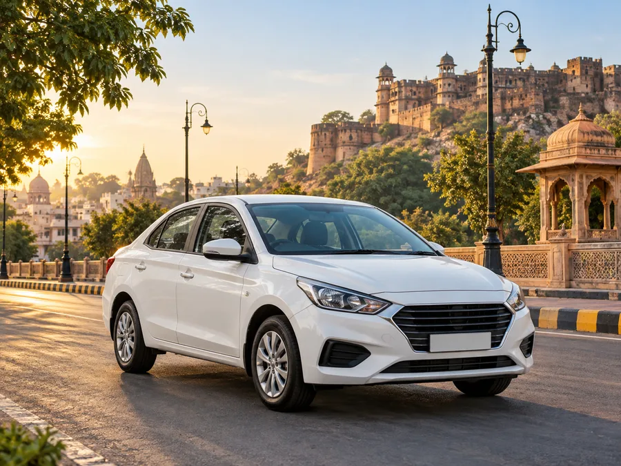 Representative white sedan on a scenic Jhansi city road