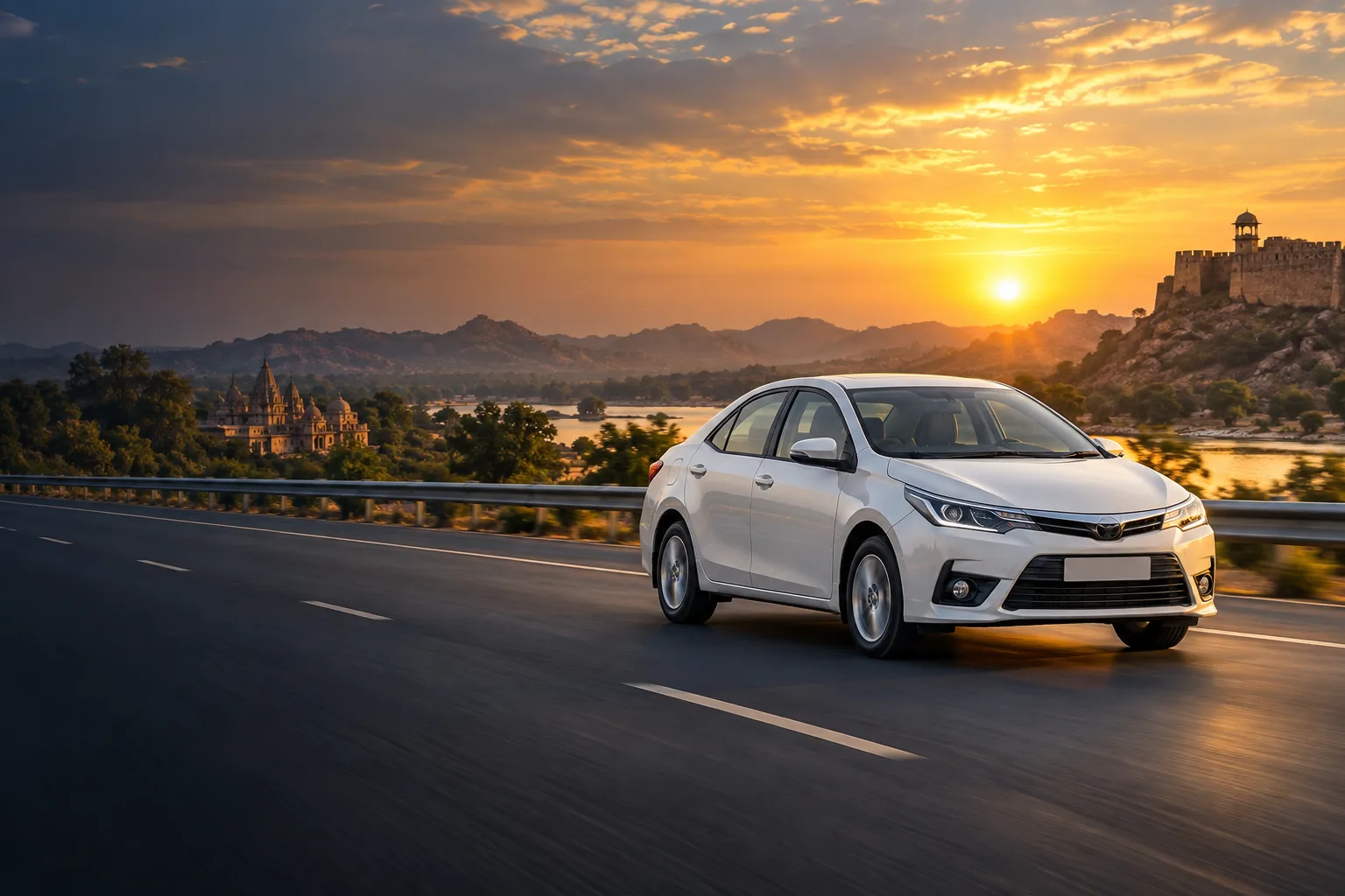 Representative sedan on an outstation road at sunset