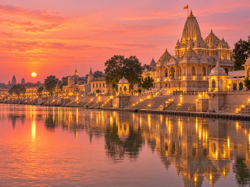 Representative illuminated temple and riverfront scenery in Ayodhya